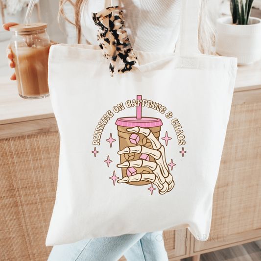Running on Caffeine and Chaos Tote Bag