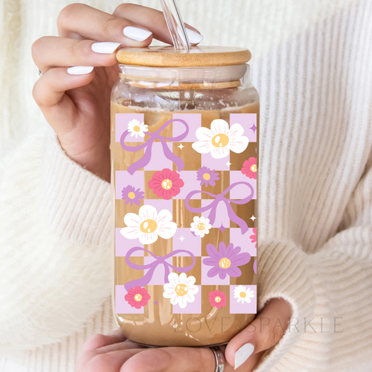 Purple Checkered Daisies & Bows Cup