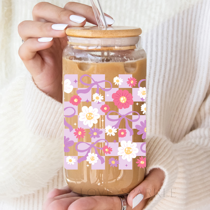 Purple Checkered Daisies + Bows Cup