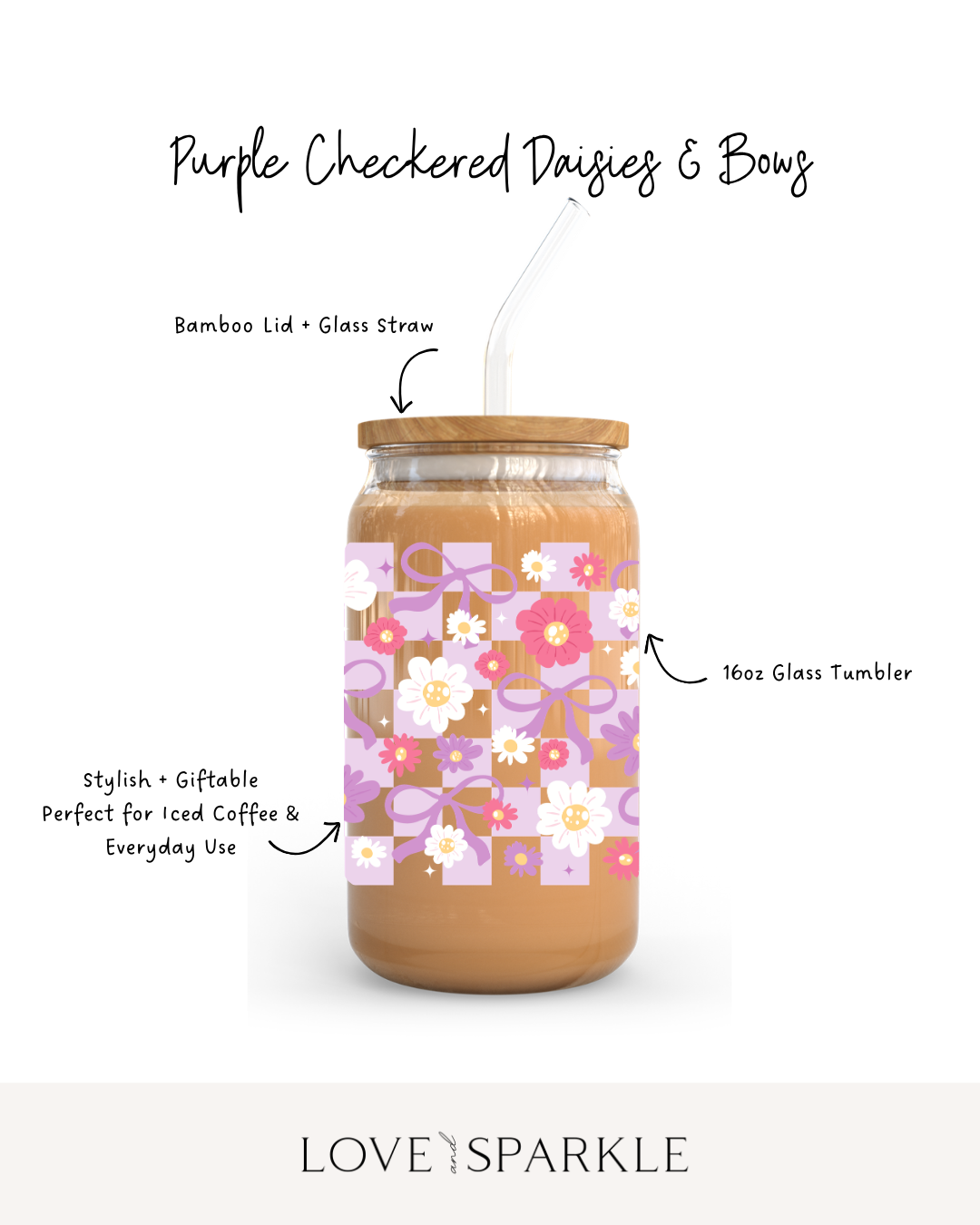 Purple Checkered Daisies + Bows Cup