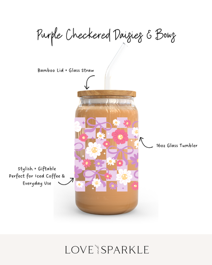 Purple Checkered Daisies + Bows Cup