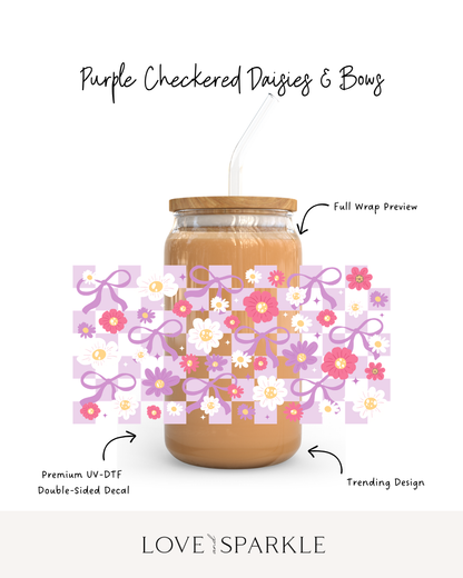 Purple Checkered Daisies + Bows Cup