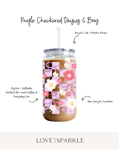 Purple Checkered Daisies + Bows Cup